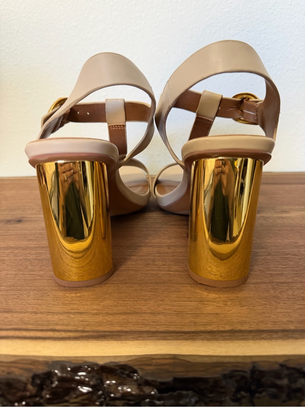 Naturalizer Nude T-Strap Sandals with Gold Block Heel - Picture 6 of 8